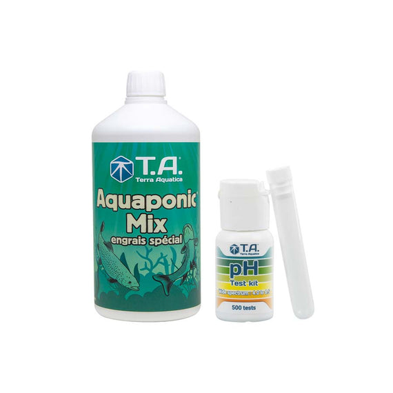 Flacon d'Aquaponic Mix de 500 ml, flacon de test de pH et son éprouvette de lecture, sur fond blanc