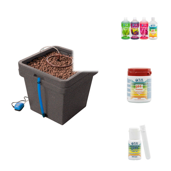 Contenu du pack CultiMate : le pot, la nutrition TriPart et le contrôle du pH
