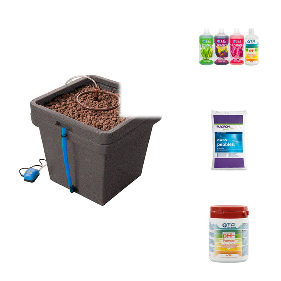 Contenu du pack : le pot cultimate l, ses billes d'argile, la nutrition tripart et le contrôle du ph