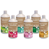 Les six flacons de 1 L du pack, deux engrais et quatre biostimulants, réunis sur fond blanc