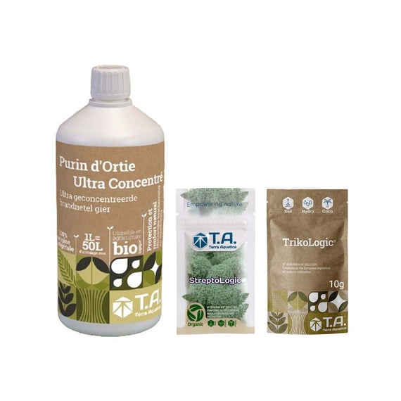 Flacon de purin d'ortie concentré, sachet de StreptoLogic et sachet kraft de TrikoLogic réunis sur fond blanc