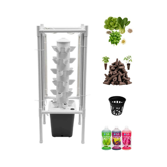 Contenu du pack avec engrais : tour à LED, graines, éponges, paniers et les trois flacons d'engrais TriPart Grow, Micro et Bloom