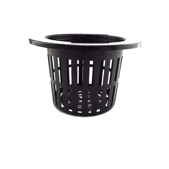 Grand panier de culture hydroponique noir de 11 cm au rebord, vu de face sur fond blanc