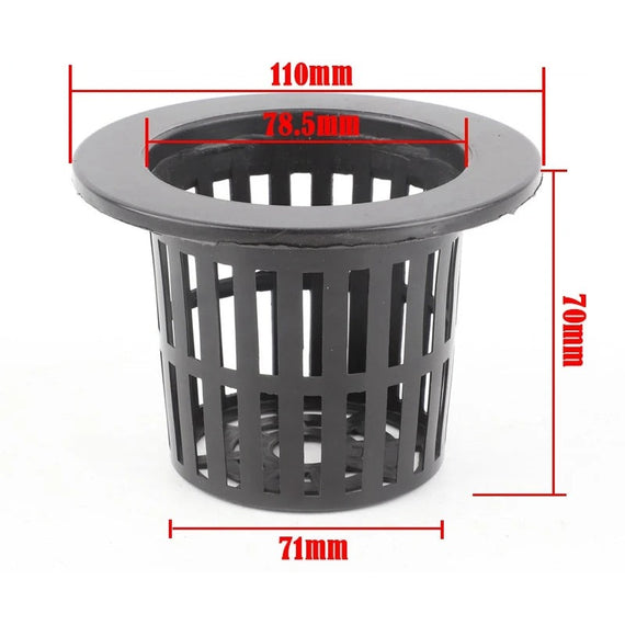 Cotes du panier de culture de 11 cm : 110 mm au rebord, 78,5 mm d'ouverture, 71 mm au fond et 70 mm de hauteur