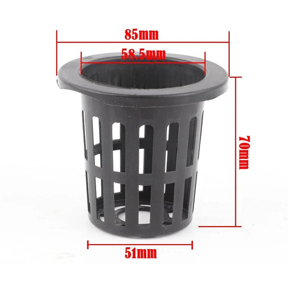 Cotes du panier de culture de 8,5 cm : 85 mm au rebord, 58,5 mm d'ouverture, 51 mm au fond et 70 mm de hauteur