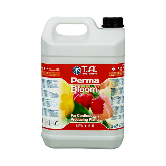 Bidon de 5 L de PermaBloom avec poignée moulée et bouchon noir, étiquette rouge illustrée de fruits