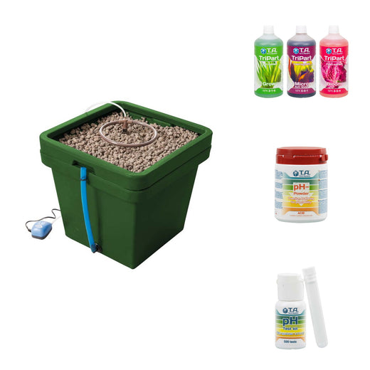 Contenu du pack sans substrat : le pot, la nutrition, le correcteur et le test de pH
