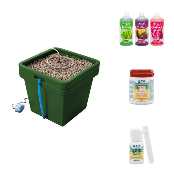 Contenuto del pack senza substrato: il vaso, la nutrizione, il correttore e il test del pH