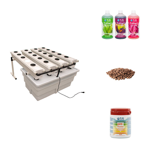Contenu du pack : le système 20 plants, la nutrition, les billes d'argile et le correcteur de pH