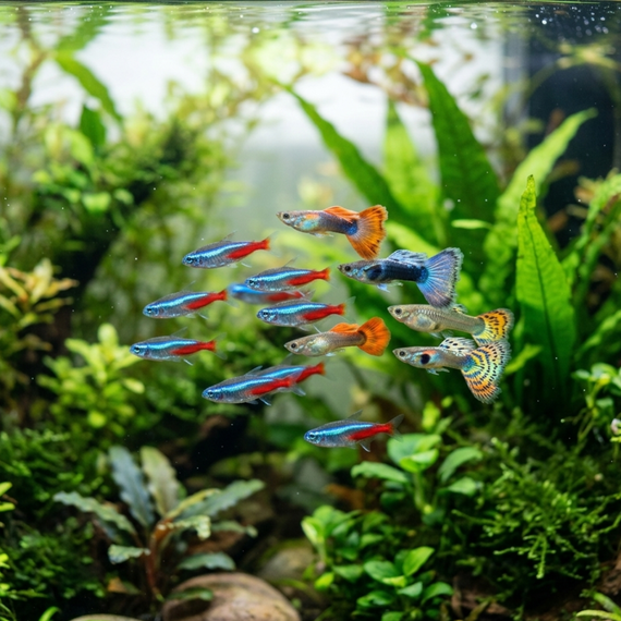 Guppys et néons aux couleurs éclatantes dans un aquarium planté grâce aux minéraux et vitamines eSHa MINAROLL