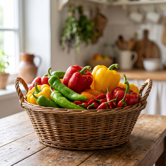 Panier de poivrons et de piments récoltés, de plusieurs formes et de plusieurs couleurs