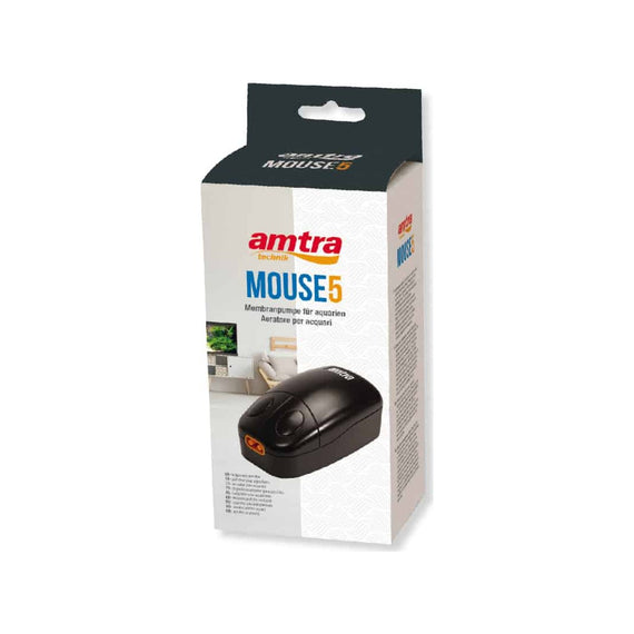 Boîte de la pompe à air Amtra Mouse 5 avec la pompe posée devant
