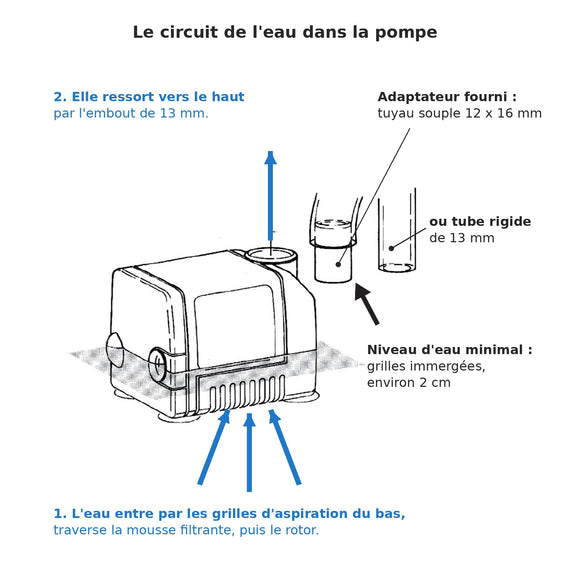 Schéma du circuit de l'eau dans la pompe Micra Plus : entrée par les grilles d'aspiration du bas, sortie vers le haut par l'embout de 13 mm