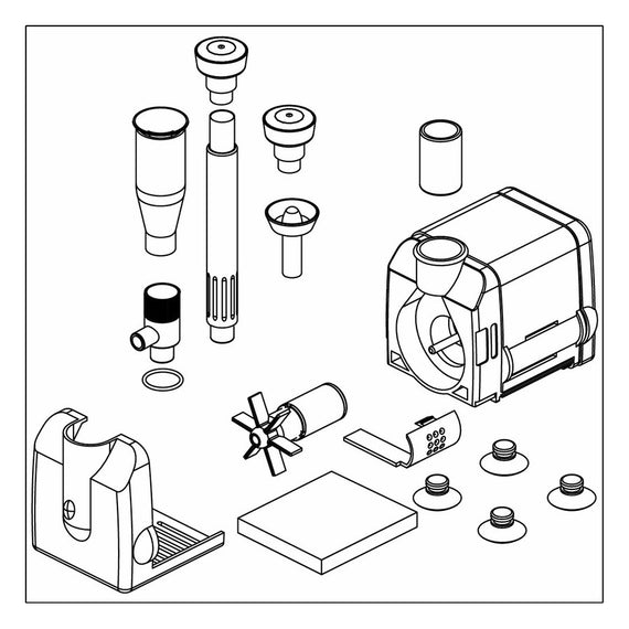 Vue éclatée de la pompe : rotor, préchambre, mousse filtrante, ventouses et embouts
