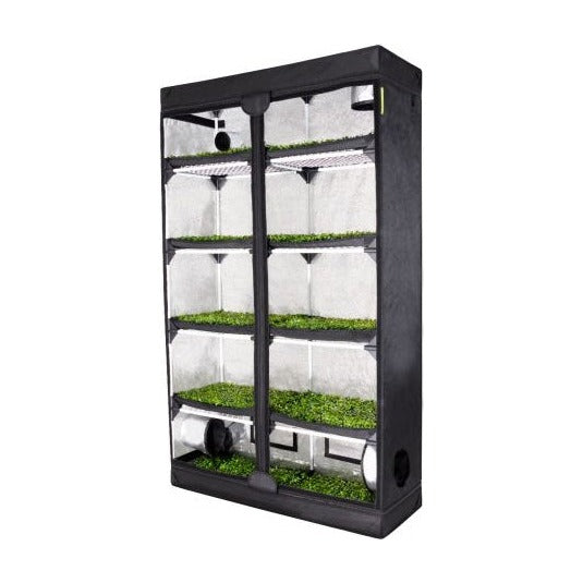 Probox Propagator XL ouverte, deux colonnes d'étagères garnies de jeunes plants
