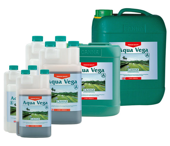 Gamme des contenances de CANNA Aqua Vega A et B, du flacon au bidon