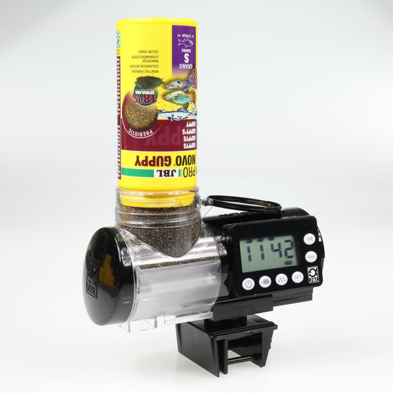 Distributeur AutoFood surmonté d'une boîte d'aliment de 250 ml vissée pour agrandir la réserve