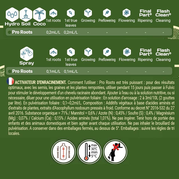 Étiquette du stimulateur racinaire : tableau de doses, 0,2 ml par litre, composition