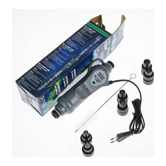 Contenu de la boîte du chauffage externe : appareil, raccords de tuyau de rechange, brosse de nettoyage et carton