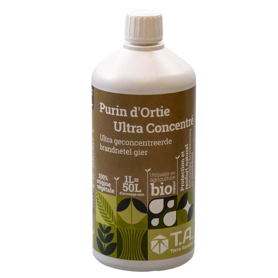 Flacon de 1 L de purin d'ortie ultra concentré, étiquette verte et brune