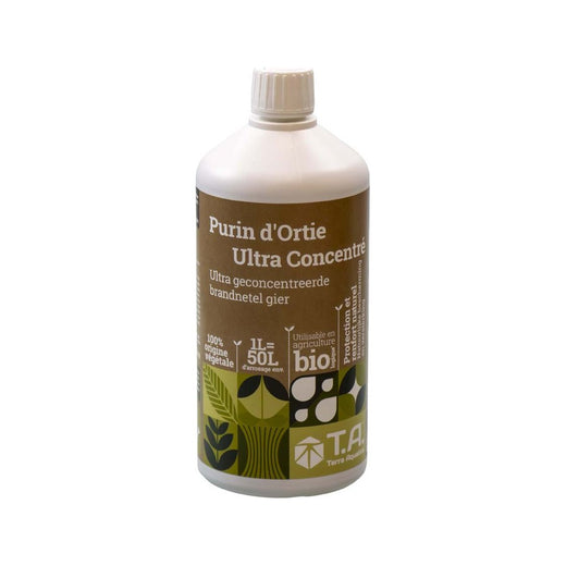 Fles van 1 L ultrageconcentreerde brandnetelgier, groen en bruin etiket