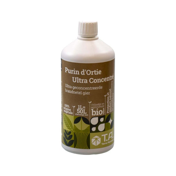 Flacon de 1 L de purin d'ortie ultra concentré, étiquette verte et brune