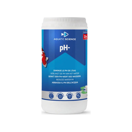 Pot de 1 kg de réducteur pH- Aquatic Science pour bassin, étiquette bleue illustrée d'une carpe koï