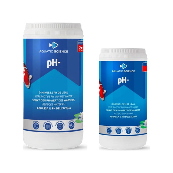 I barattoli da 1 kg e da 400 g del riduttore pH- Aquatic Science, uno accanto all'altro