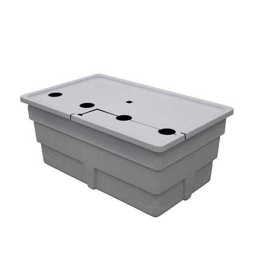 Réservoir de 170 L fermé par son couvercle gris clair, ouvertures rondes et trappe rectangulaire