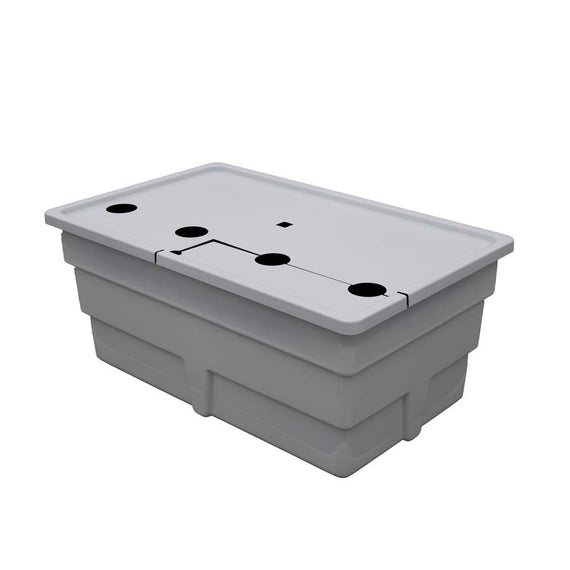 Réservoir de 170 L fermé par son couvercle gris clair, ouvertures rondes et trappe rectangulaire