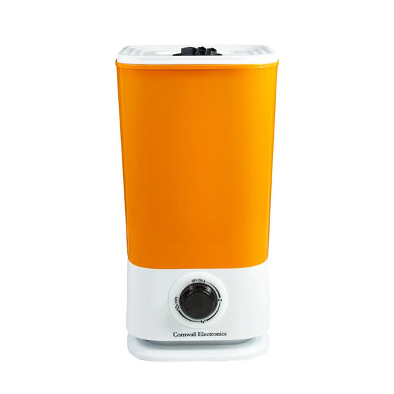 Humidificateur à ultrasons Cornwall Electronics de 8,5 L, réservoir orange sur socle blanc à molette de réglage