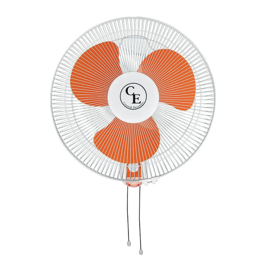 Ventilateur mural Cornwall Electronics de 40 cm, grille blanche et pales orange, avec ses deux cordons de commande