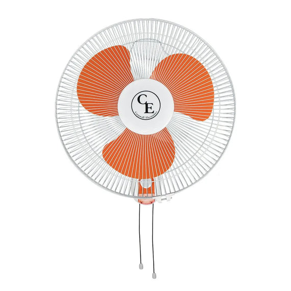 Ventilateur mural Cornwall Electronics de 40 cm, grille blanche et pales orange, avec ses deux cordons de commande