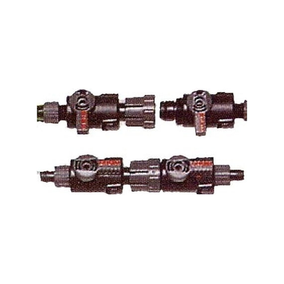 Robinets doubles Eheim 19/27 mm avec leurs bagues de serrage, assemblés et séparés