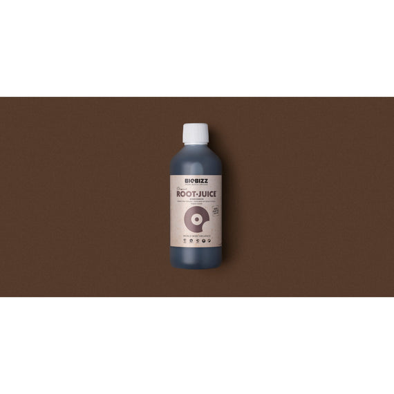 Bouteille de Root-Juice BioBizz vue de face, étiquette brune aux racines