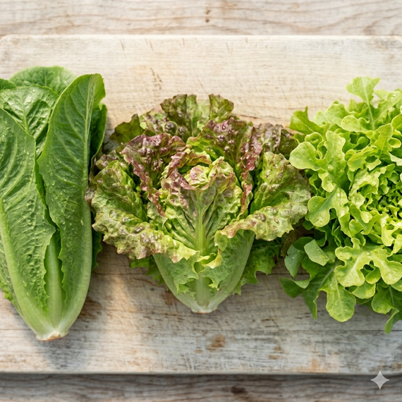 Plusieurs variétés de salades posées côte à côte, batavia, romaine et feuille de chêne