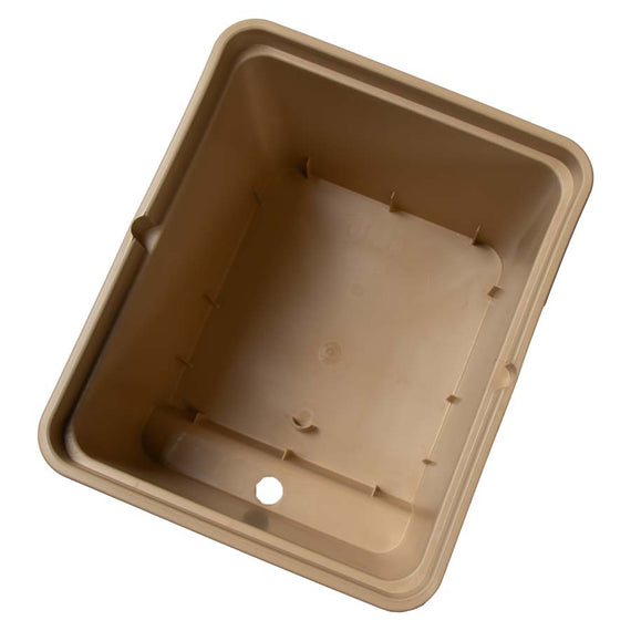 Intérieur du seau Bato vu du dessus, avec le fond plat et l'orifice d'évacuation