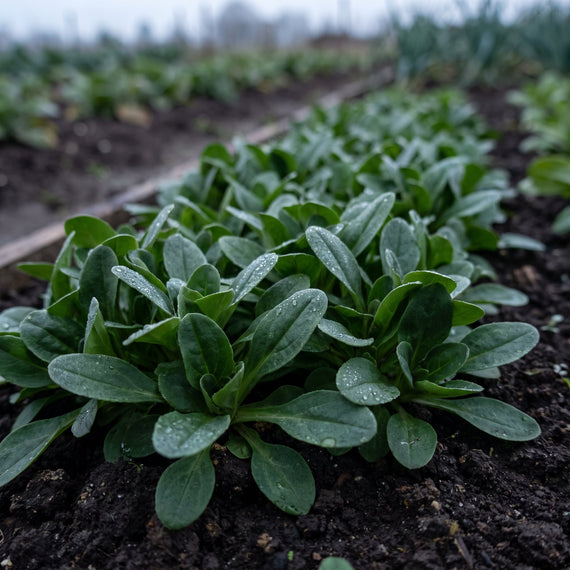 Rosettes de mâche serrées au sol, culture de saison froide au potager