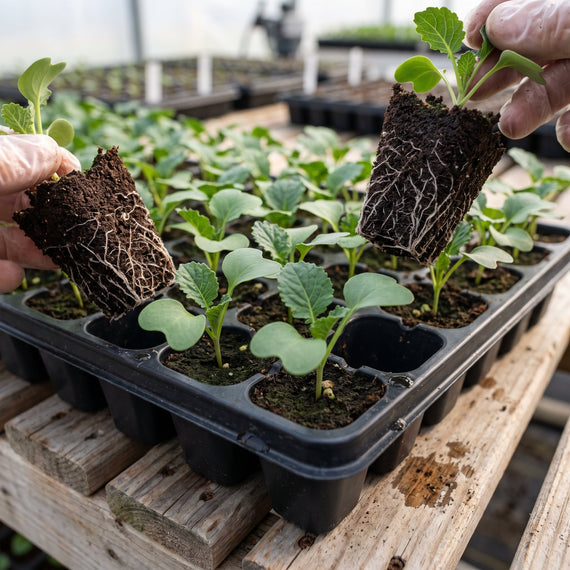 Jeunes plants de chou et de brocoli en plaque alvéolée, prêts pour le repiquage