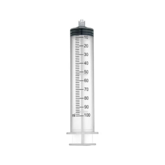 Grande seringue graduée Luer Lock de 100 ml, chiffrée tous les 10 ml, vue de face sur fond blanc