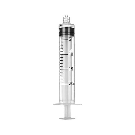 Seringue graduée Luer Lock de 20 ml, chiffrée tous les 5 ml, vue de face sur fond blanc