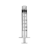 Seringue graduée Luer Lock de 3 ml, chiffrée tous les 0,5 ml, vue de face sur fond blanc