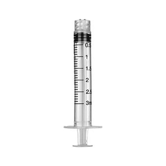 Seringue graduée Luer Lock de 3 ml, chiffrée tous les 0,5 ml, vue de face sur fond blanc