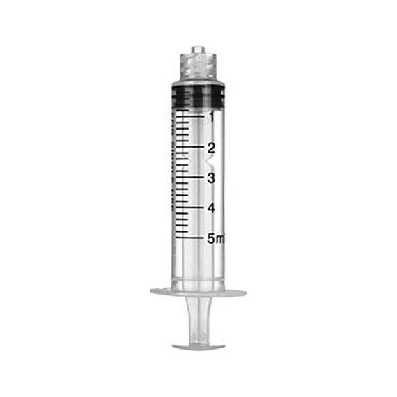 Seringue graduée Luer Lock de 5 ml, chiffrée de 1 à 5 ml, vue de face sur fond blanc