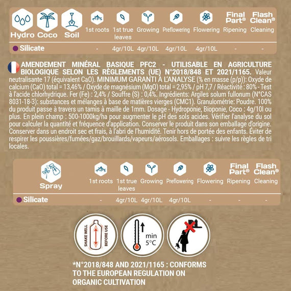 Étiquette du Silicate avec tableau de doses par stade et composition