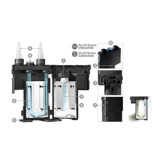 Řez sterilizátorem Newa Mirror s UV-C lampami a nastavením sterilizace nebo čiření