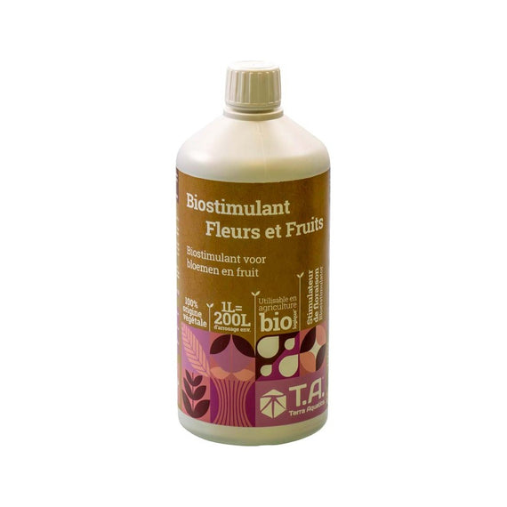 Flacon de 1 L de biostimulant fleurs et fruits, étiquette rose