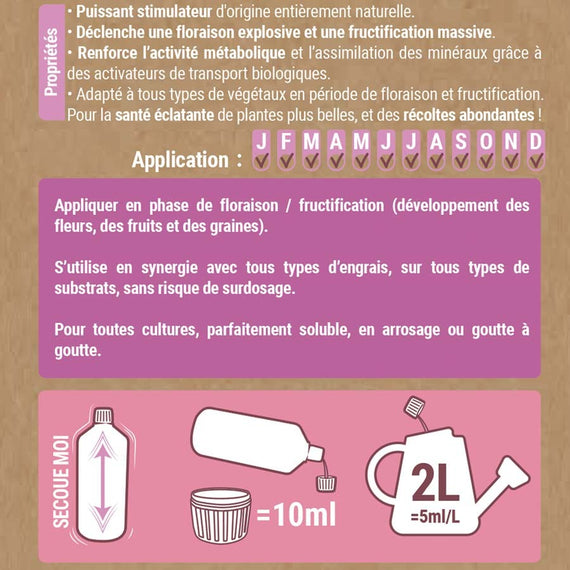 Dos de l'étiquette du biostimulant fleurs et fruits : propriétés et dose de 10 ml pour 2 L