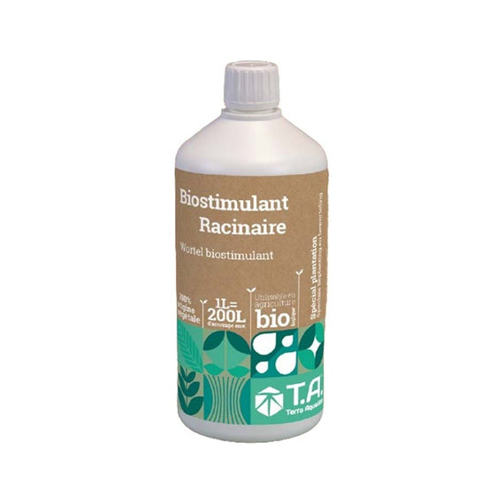 Flacon de 1 L de biostimulant racinaire, étiquette verte Biostimulant Racinaire