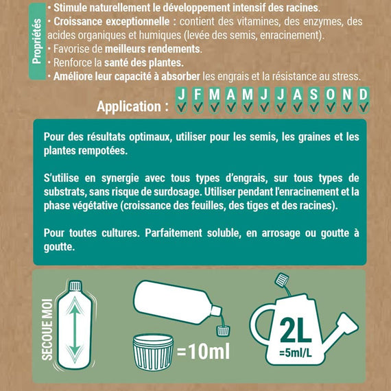 Dos de l'étiquette du biostimulant racinaire : propriétés, calendrier et dose de 10 ml pour 2 L